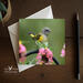 A blank greeting card featuring fine photography of an American redstart in a dahlia garden, and is available at Cove Creek Photography.